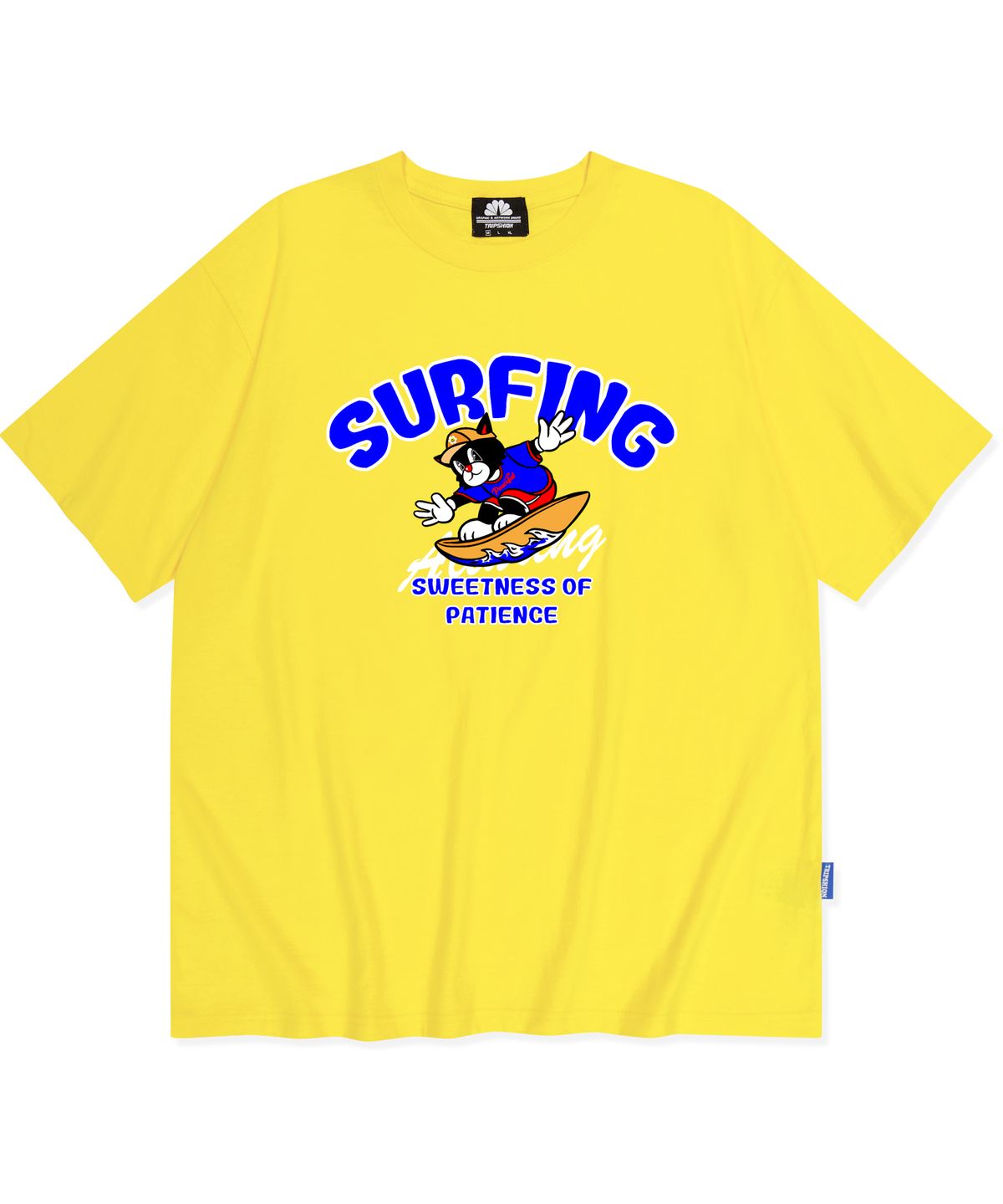 트립션(TRIPSHION) BLUE SURFING CAT GRAPHIC 티셔츠 - 옐로우