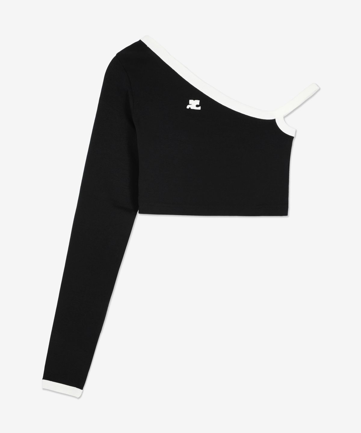 꾸레쥬(COURREGES) 크롭 어시메트릭 콘트라스트 롱슬리브 탑 - 블랙 / 223JTO174JS00709901