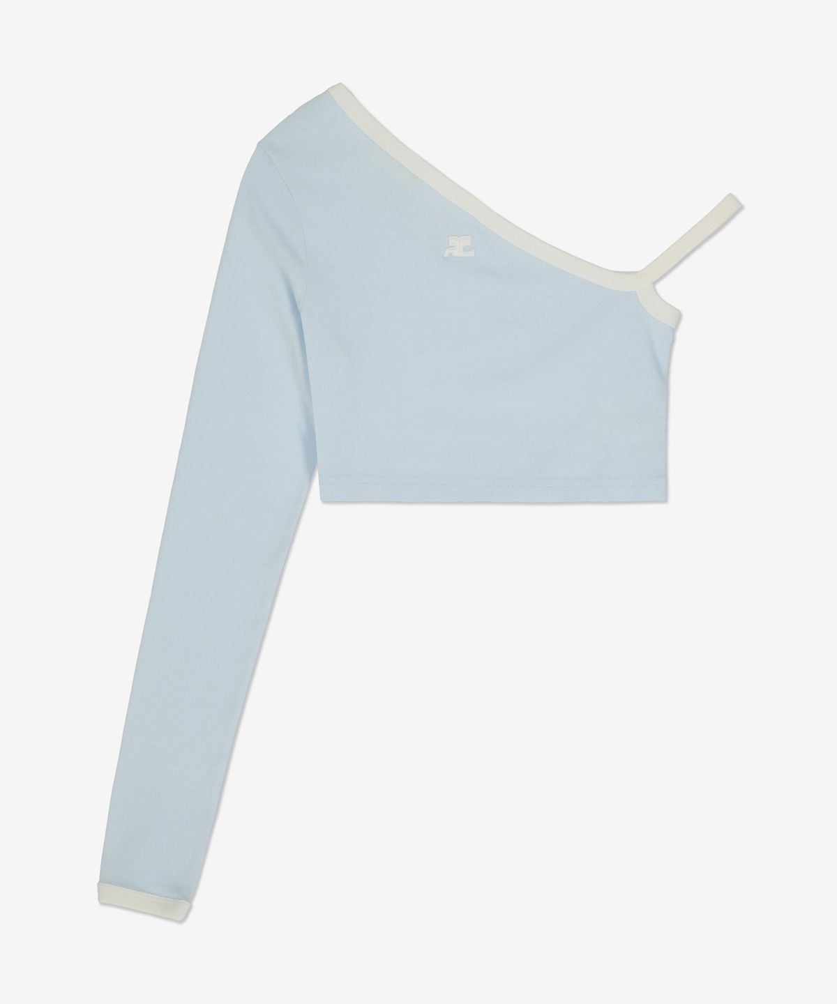 꾸레쥬(COURREGES) 크롭 어시메트릭 콘트라스트 롱슬리브 탑 - 아이스 블루 / 223JTO174JS0070I013