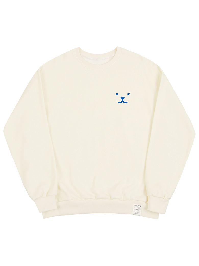 [UNISEX]퍼피 페이스 스몰 드로잉스마일 맨투맨_크림/블루 로고