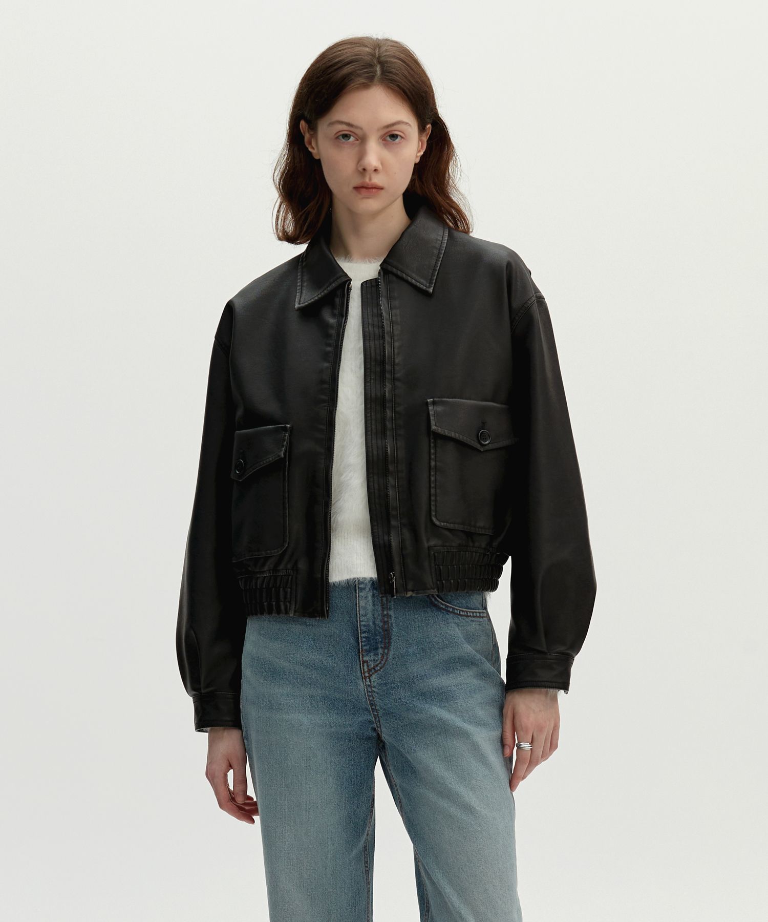 ☆人気☆【MONGDOL】☆VINTAGE FAUX LEATHER CROPPED JACKE.T☆ MUSINSA | MONGDOL Vintage Leather Blue Jean Jacket Black