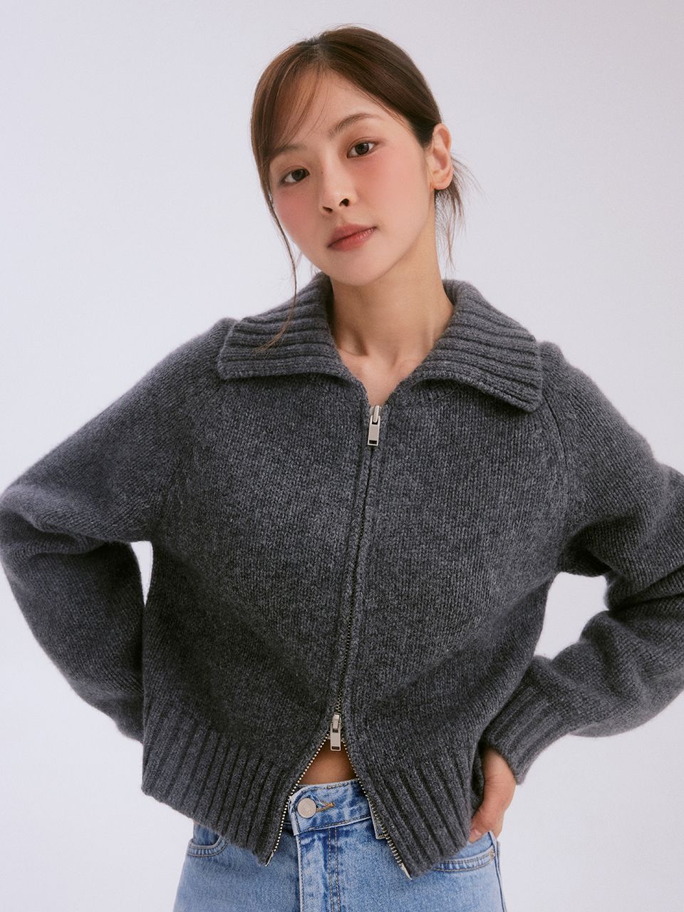 【RE_L】Buttering knit zip-up cardigan 3color /韓國 大人気 MUSINSA公式 | RE L Buttering knit zip-up cardigan (charcoal)