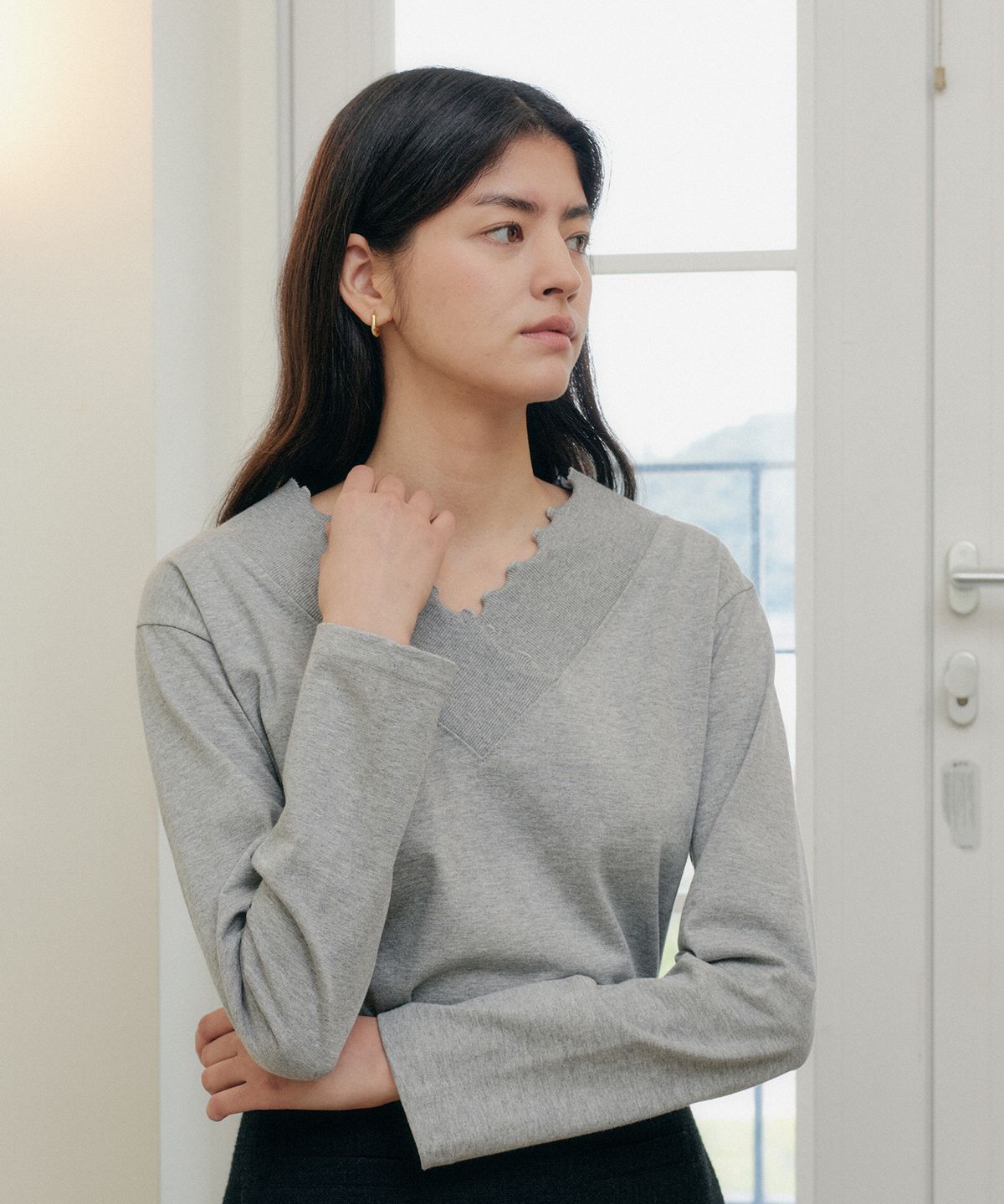 엽페(YUPPE) LONG SHIRRING T-SHIRT_GRAY