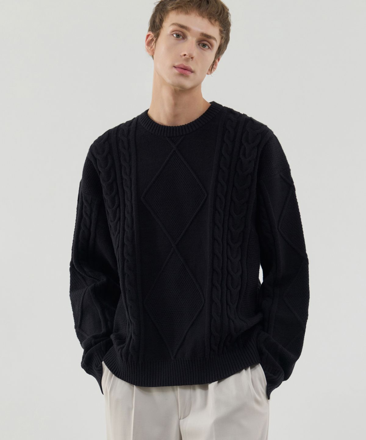 드로우핏(DRAW FIT) 소프트 PBT 케이블 크루넥 니트 [BLACK]