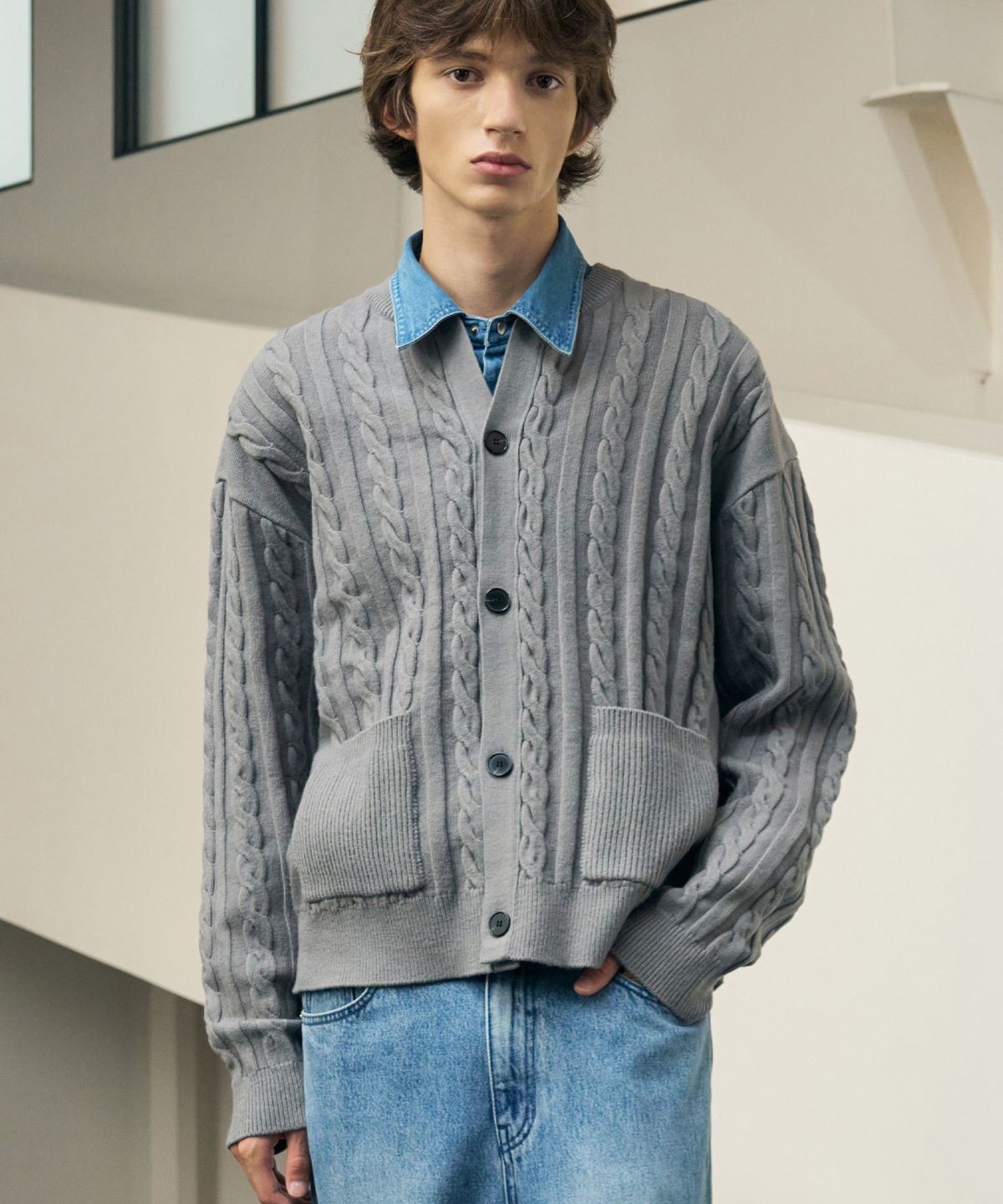 드로우핏(DRAW FIT) 오버사이즈 PBT 케이블 라운드 가디건 [GREY]