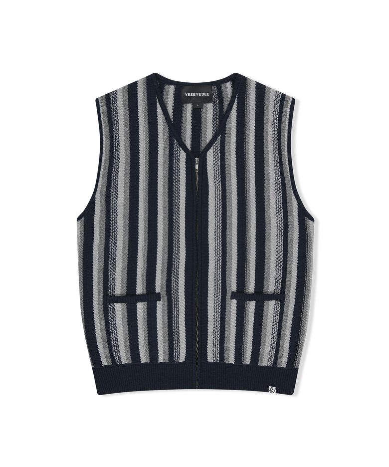 Stripe Knit Zip-Up Vest Navy
