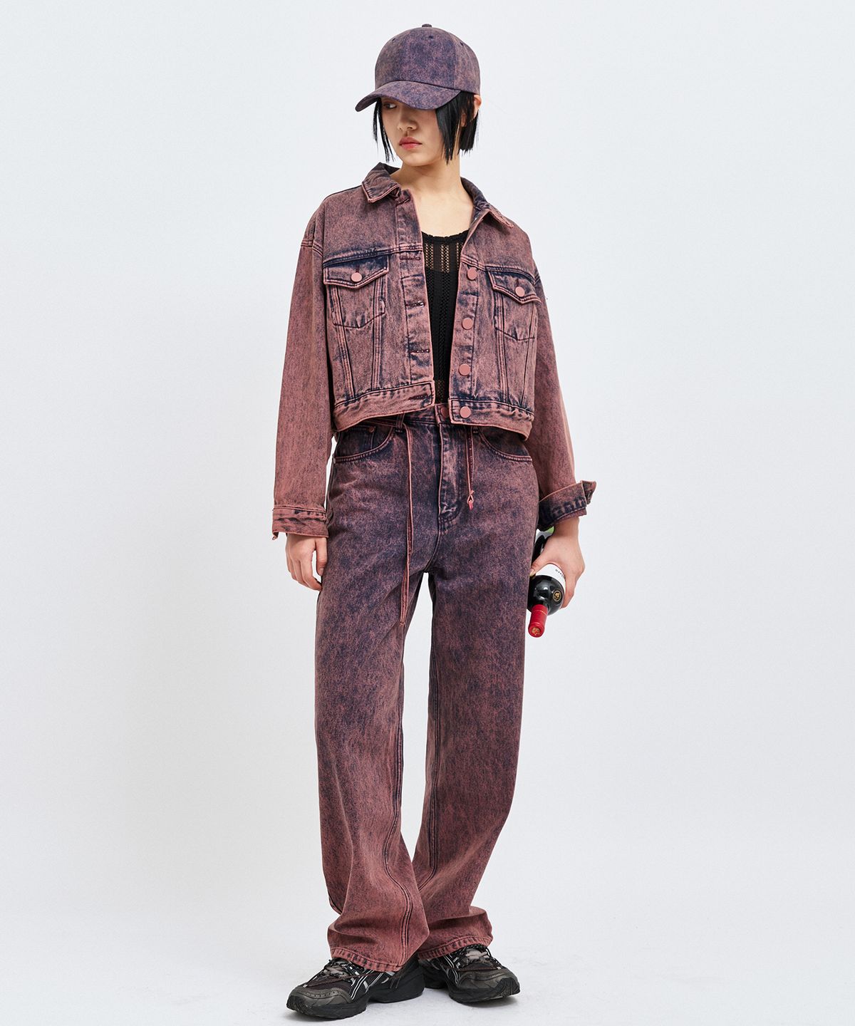 씨웨어 바이 더 지니어스(C WEAR BY THE GENIUS) 와인 크롭 데님 자켓 세트