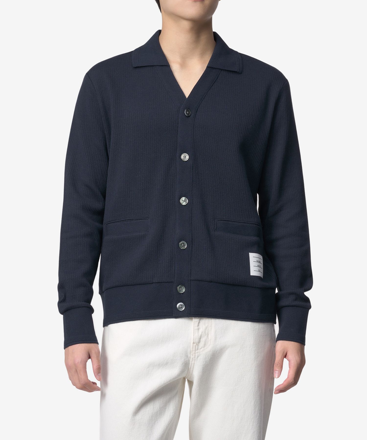 MUSINSA | THOM BROWNE Logo Patch Rib Polo Cardigan - Navy