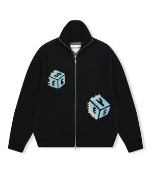 Y.E.S Dice Full Zip-up Knit Cardigan Black