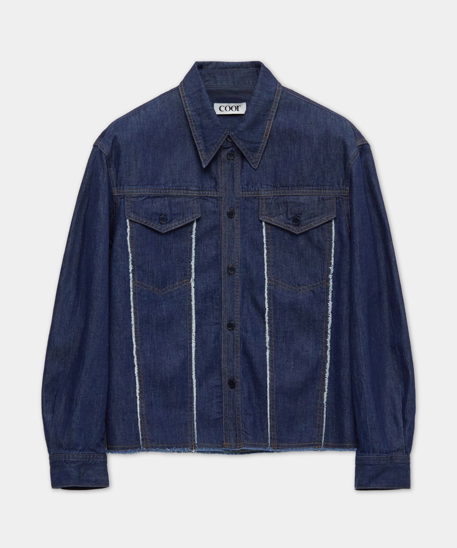 MUSINSA | COOR Denim Cut-Off Crop Shirt (Indigo)