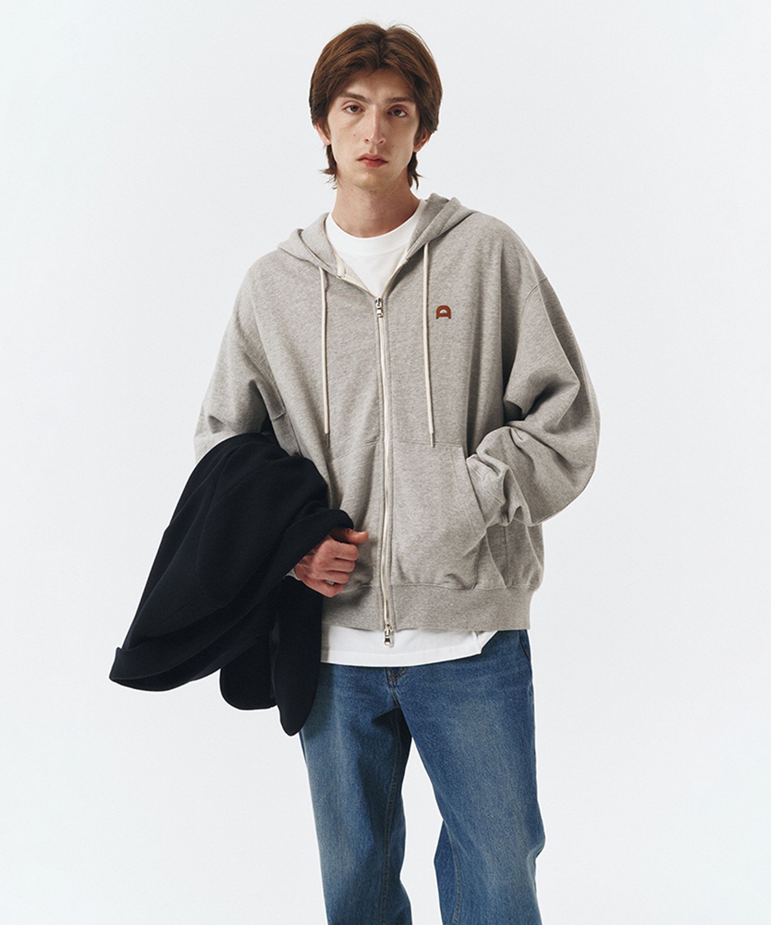 MUSINSA | DUNST UNISEX LEATHER LOGO ZIP-UP HOODIE MELANGE