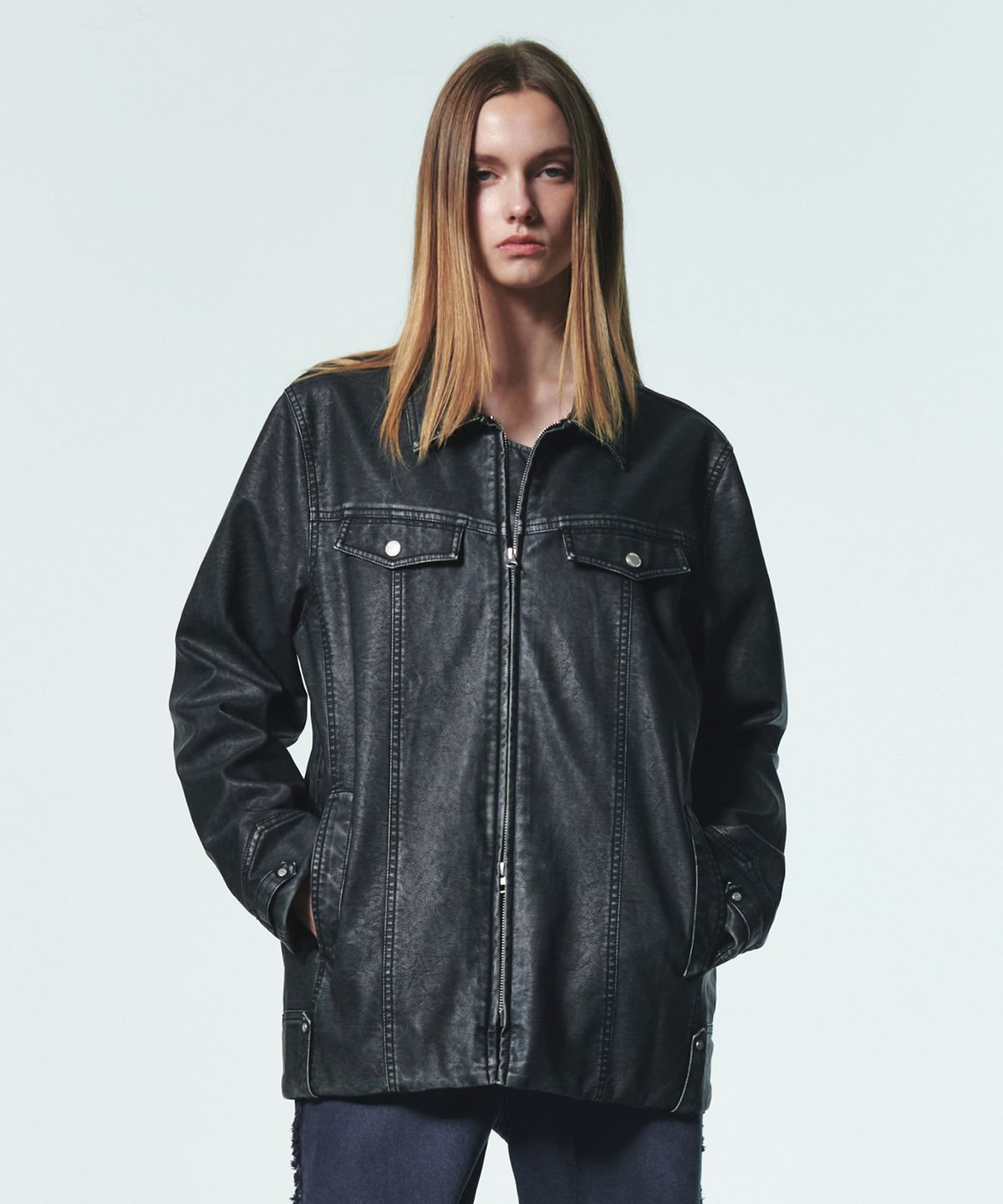 커렌트(CURRENT) VINTAGE WASHING LEATHER JACKET [BLACK]