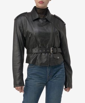 크롭 램스킨 바이커 재킷 - 블랙 / 735693YCNV21000