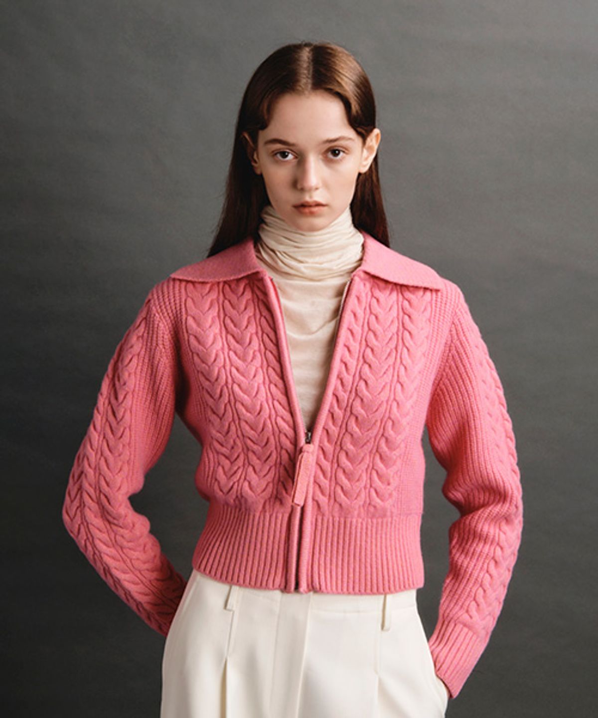 아바몰리(AVA MOLLI) TWO TONE ZIP-UP CARDIGAN (PINK)