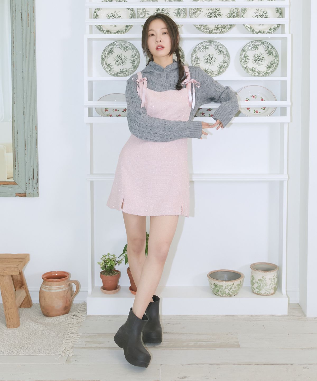 마가린핑거스(MARGARIN FINGERS) RINA TWEED ONE-PIECE (LIGHT PINK)