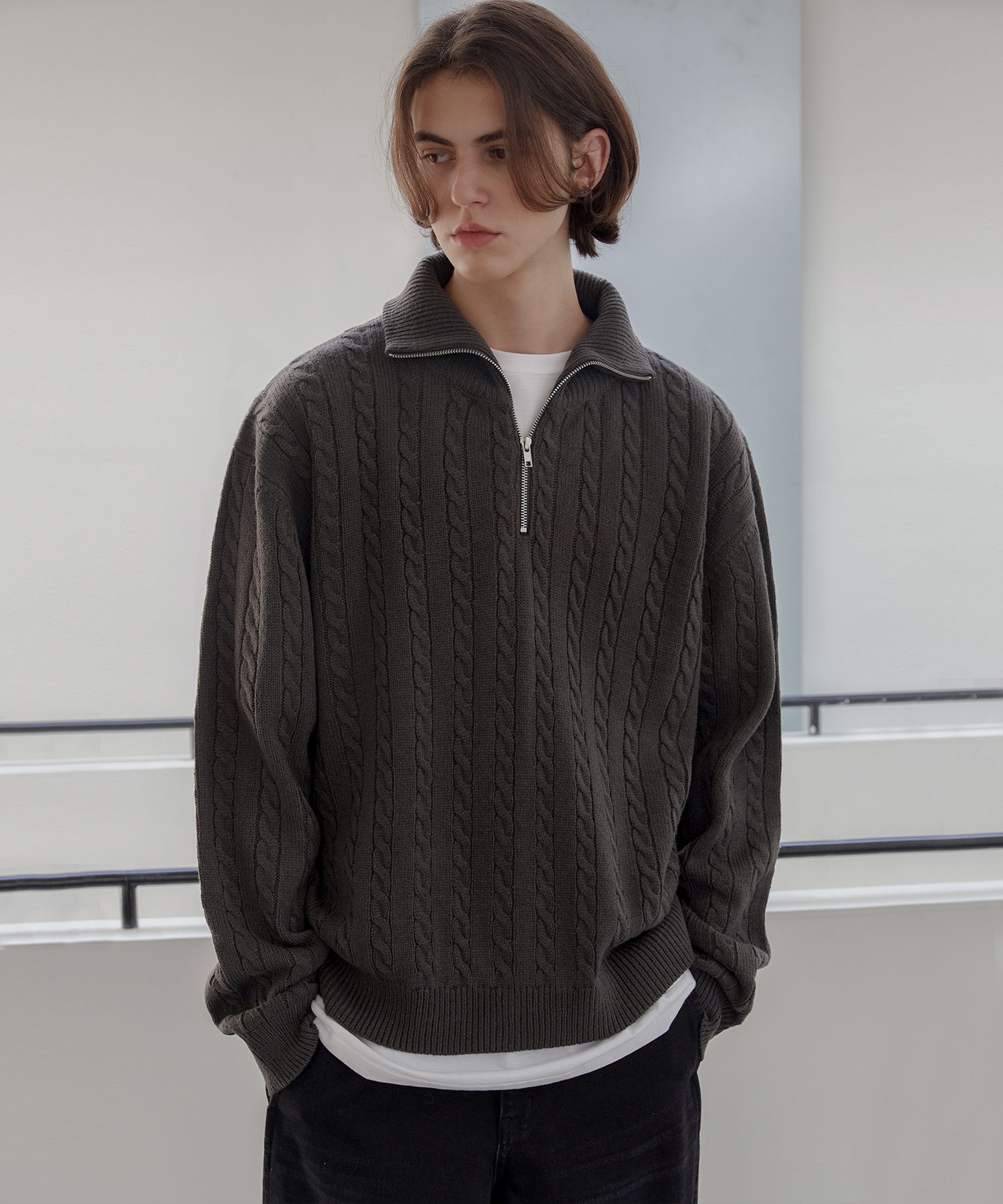 MUSINSA | AGOD Half Zip Up Cara Neck Cable Knit - Charcoal