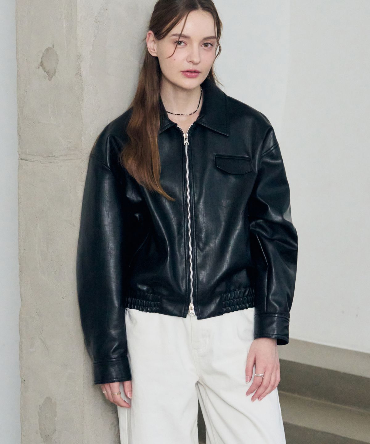 드로우핏 우먼(DRAWFIT WOMEN) 크랙 레더 자켓 [BLACK]