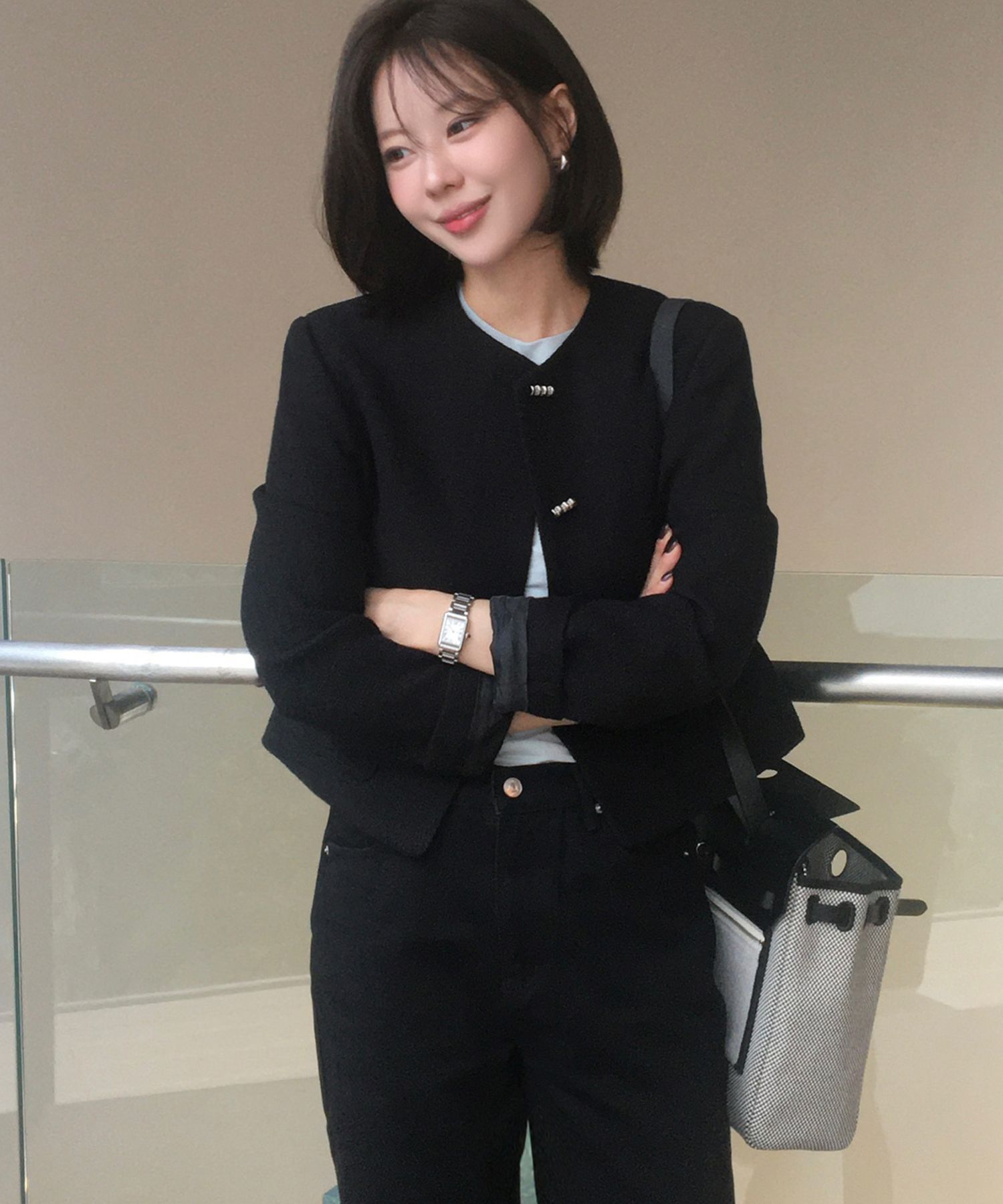 MUSINSA DRAWFIT WOMEN Button tweed jacket [BLACK]