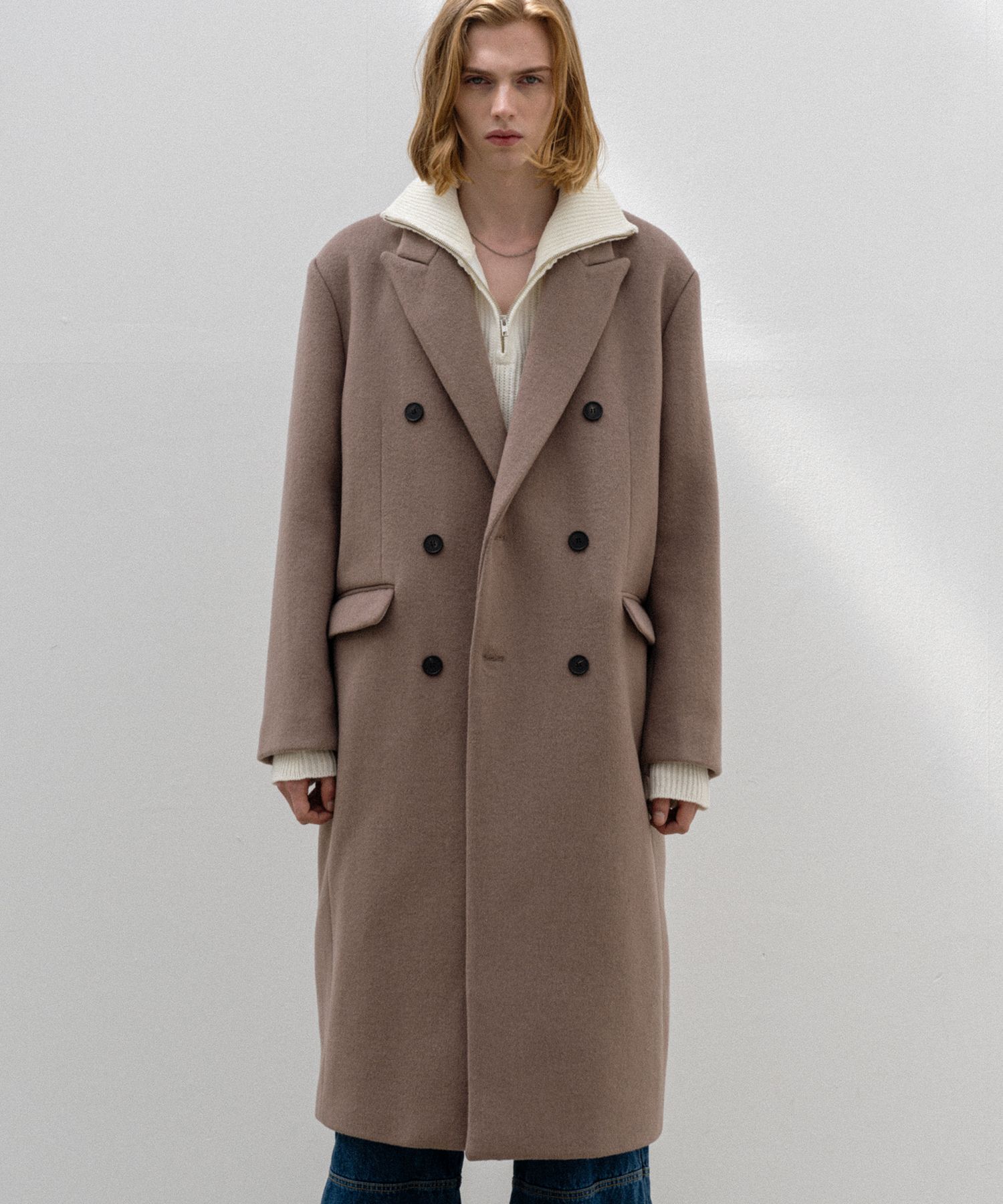 MUSINSA | BASEMOMENT Peak Lapel Wool Double Long Coat Mocha Beige