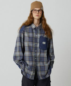 레이버 2108 데님패치워크 오버핏 더스티블루 체크셔츠