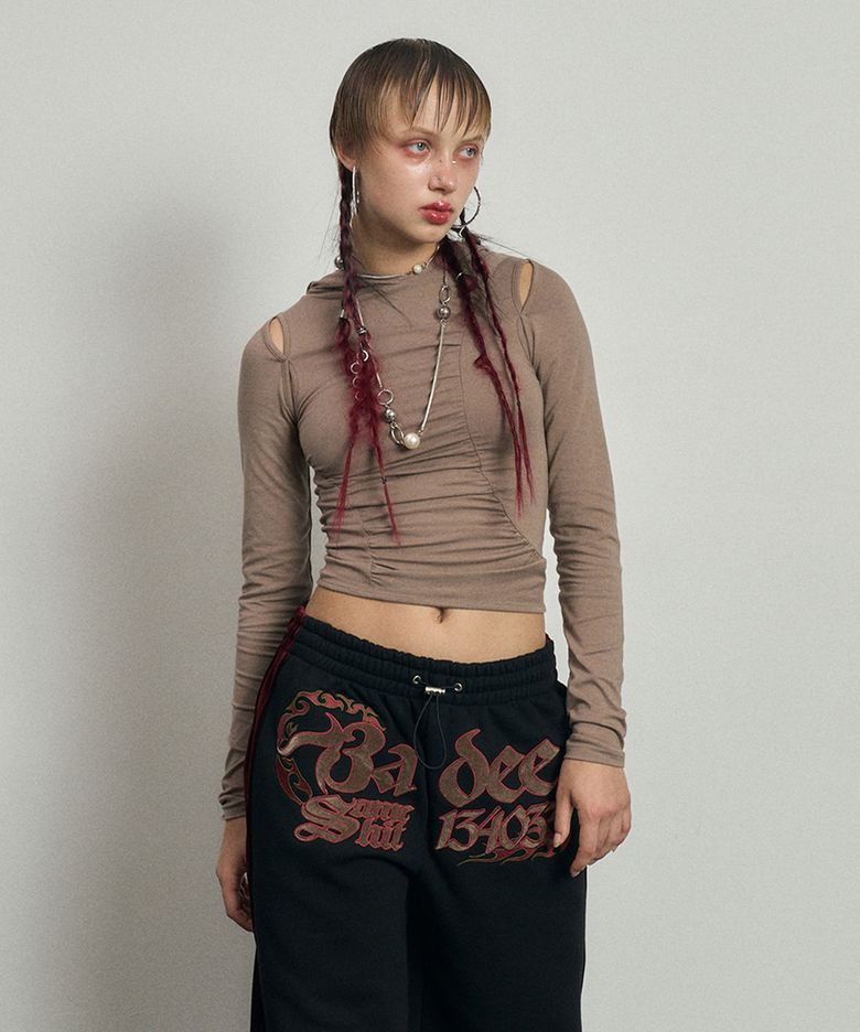 Cut-Out Shirring Hoodie Cocoa