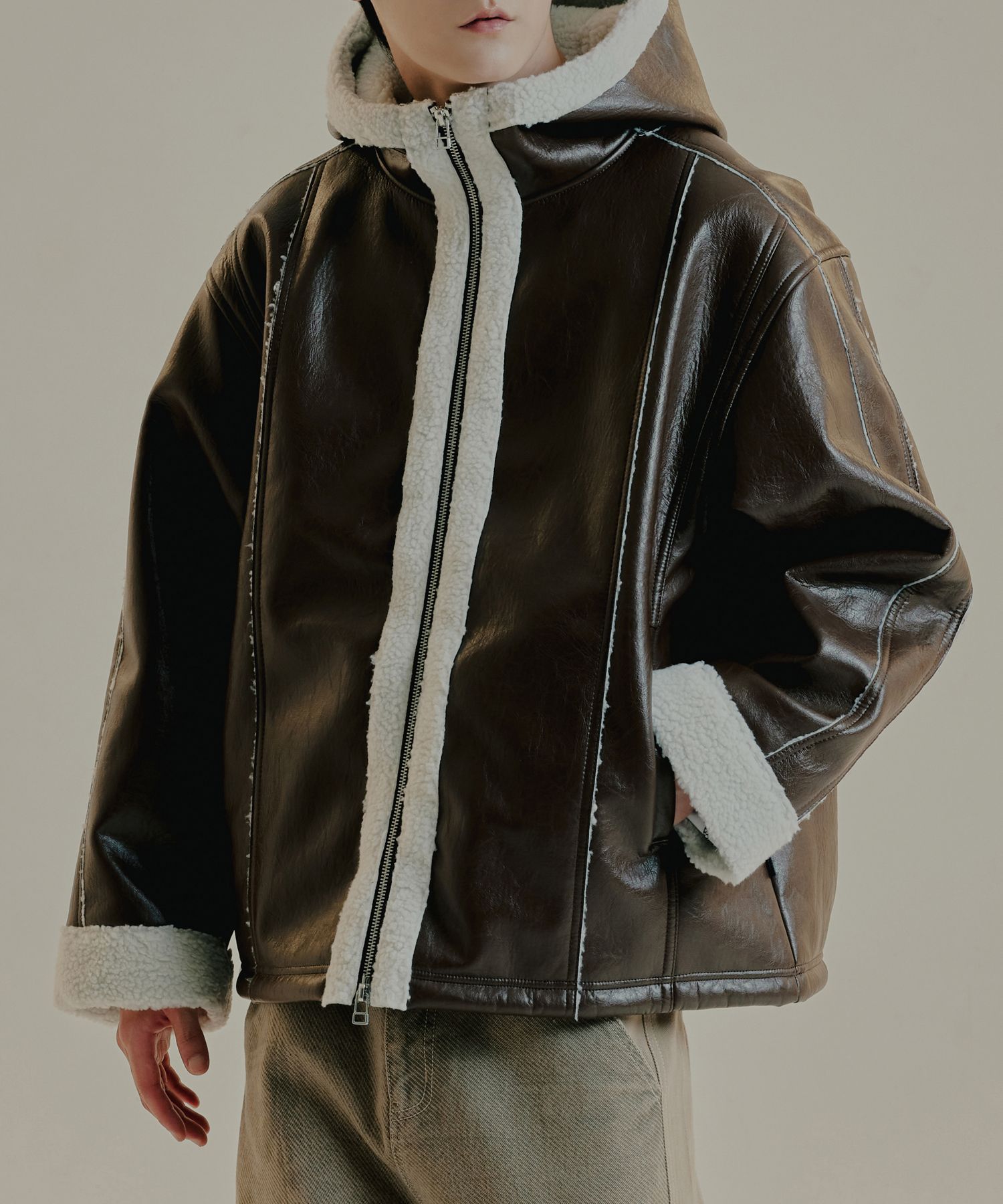 MUSINSA | ROMANTIC CROWN Biker mouton jacket_brown