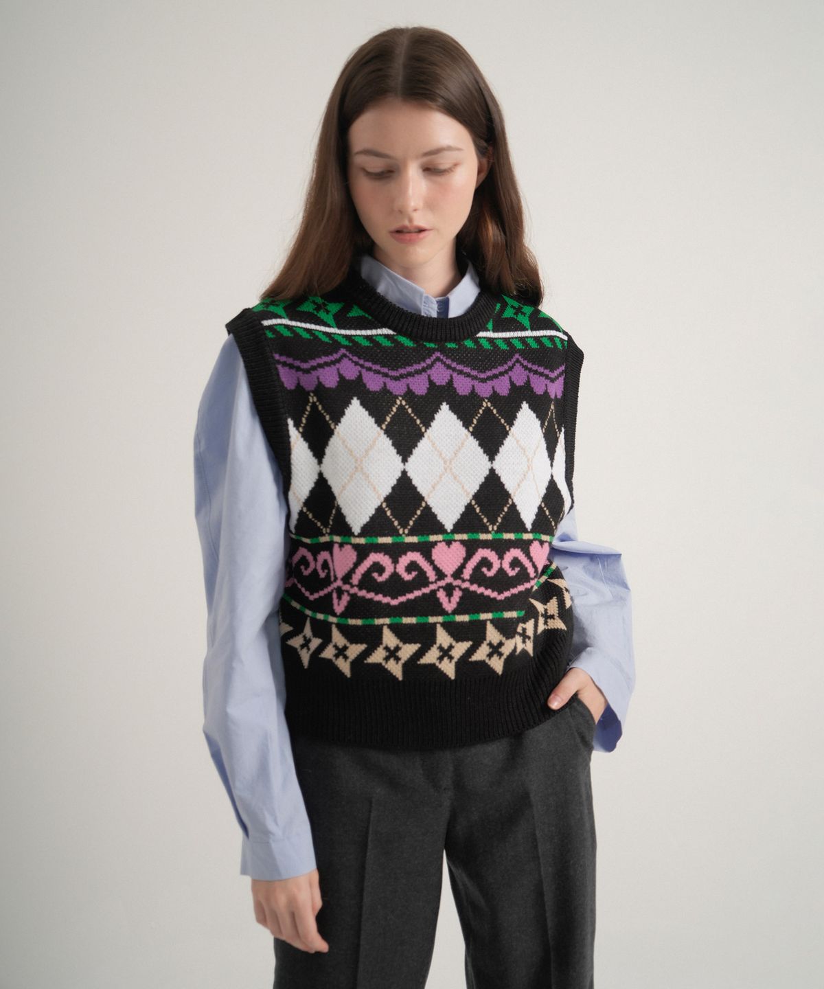 블레티(VLETI) Pattern Round Knit Vest (Black)