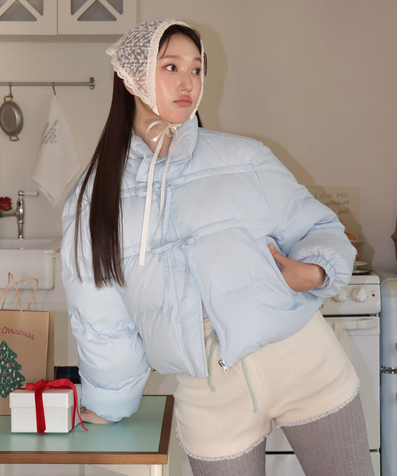 正規店仕入れの MUSINSA | MARGARIN FINGERS RIBBON SHIRRING PADDING (LIGHT BLUE) ジャケット・アウター
