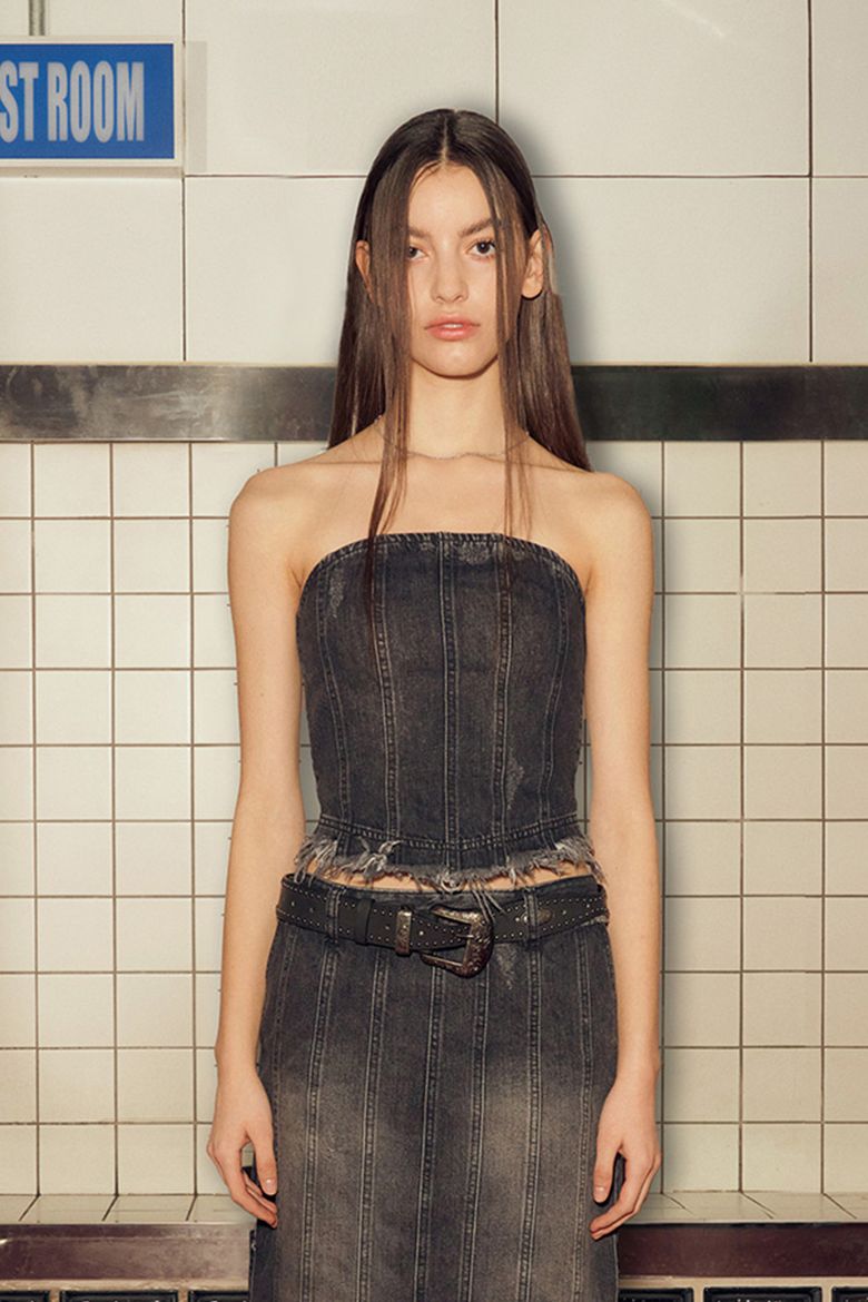 DENIM PANELLED TUBE TOP (BLACK)