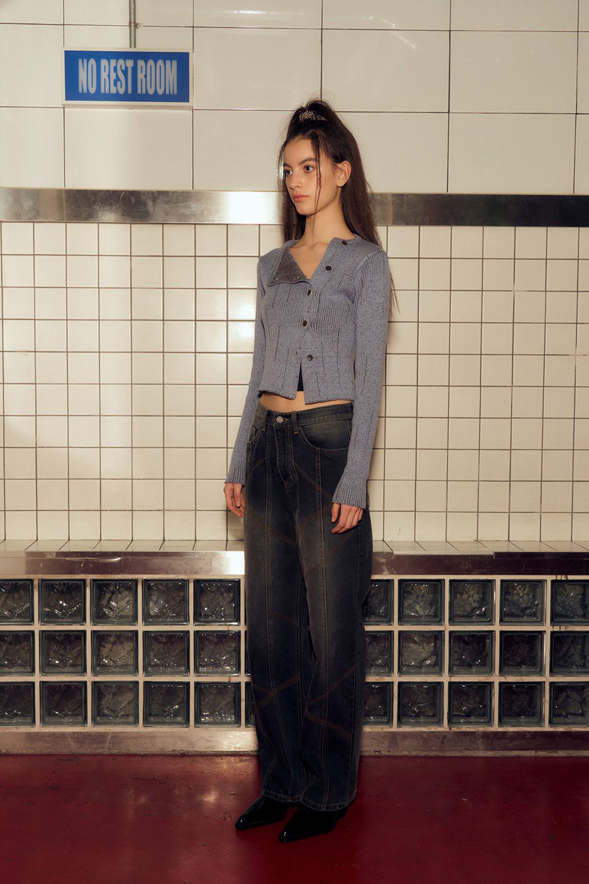 애프터아워즈(AFTERHOURS) DENIM DIAGONAL STITCHED PANTS (BLACK)