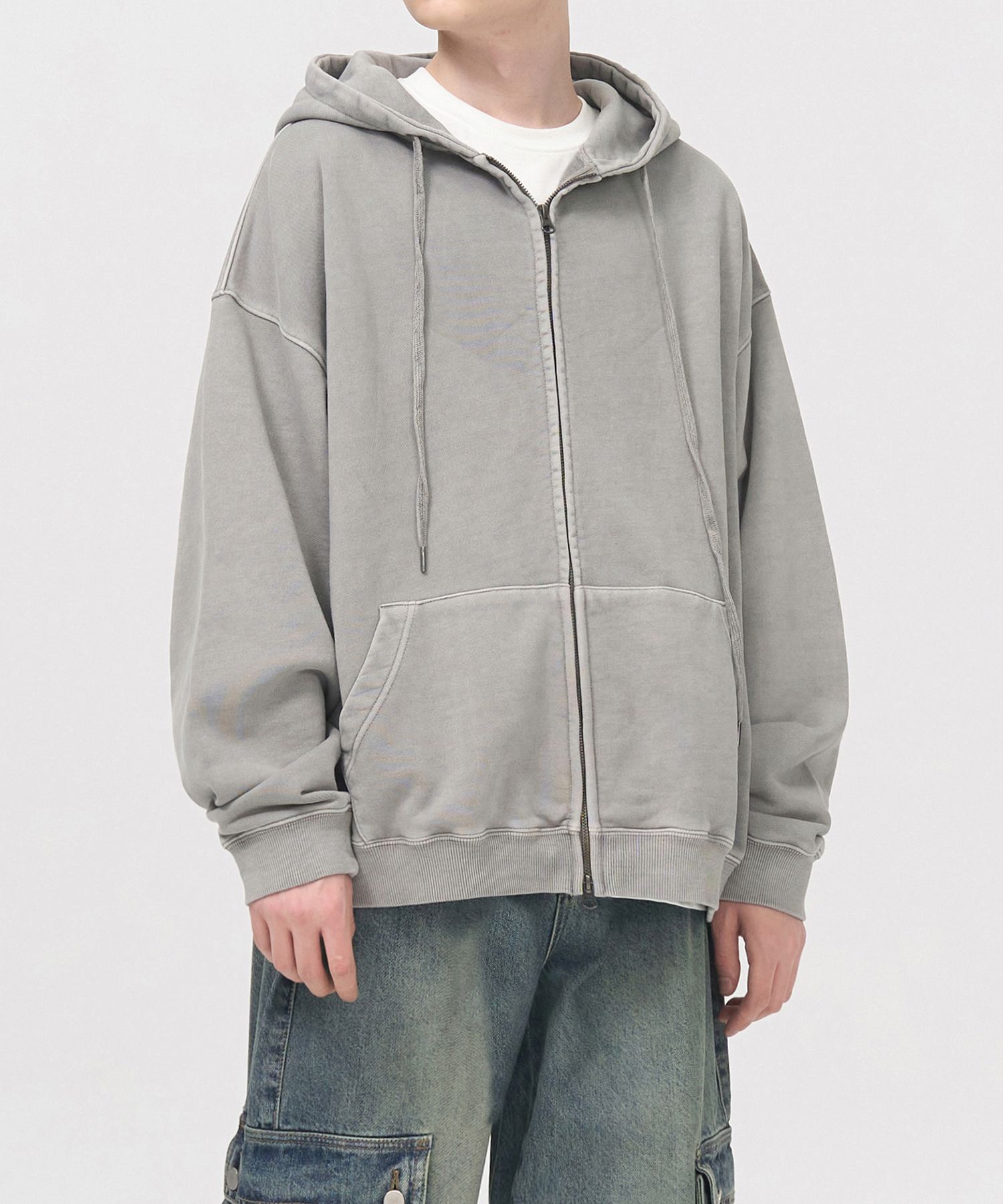 MUSINSA | TOFFEE 2 way pigment sweat hood zip up (LIGHT GRAY)