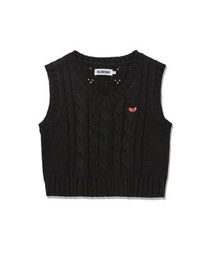 스몰 체리 케이블 크롭 니트 베스트 [블랙]