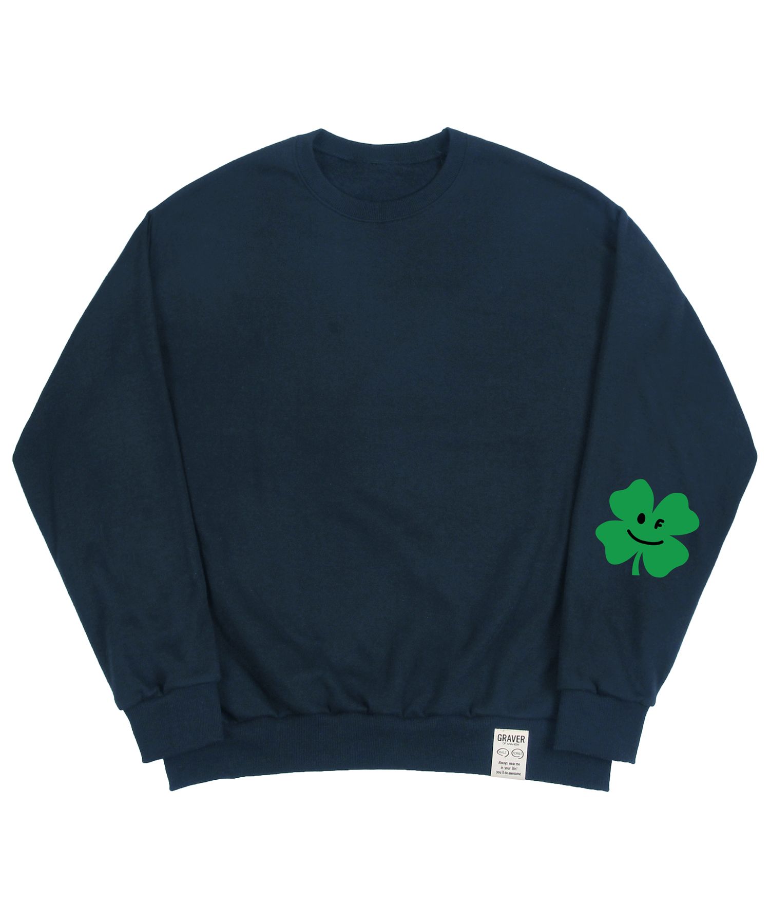 [GRAVER]★ELBOW CLOVER SMILE SWEATSHIRT MUSINSA | GRAVER [UNISEX] Elbow Clover Smile Sweatshirt_Navy