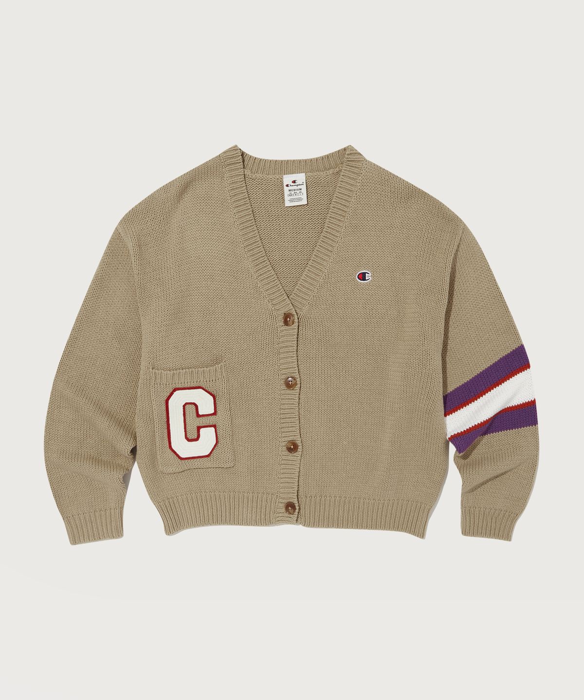 챔피온(CHAMPION) 여성 스트라이프 자가드 V넥 가디건 Normal Beige