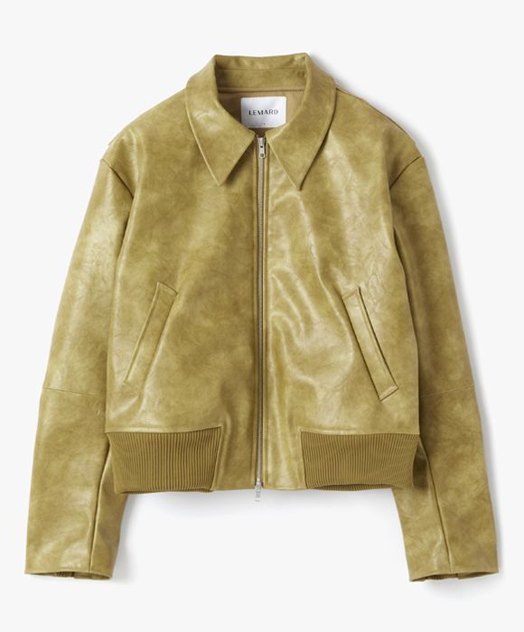 MUSINSA | LEMARD Varsity Fake Leather Jacket - Olive