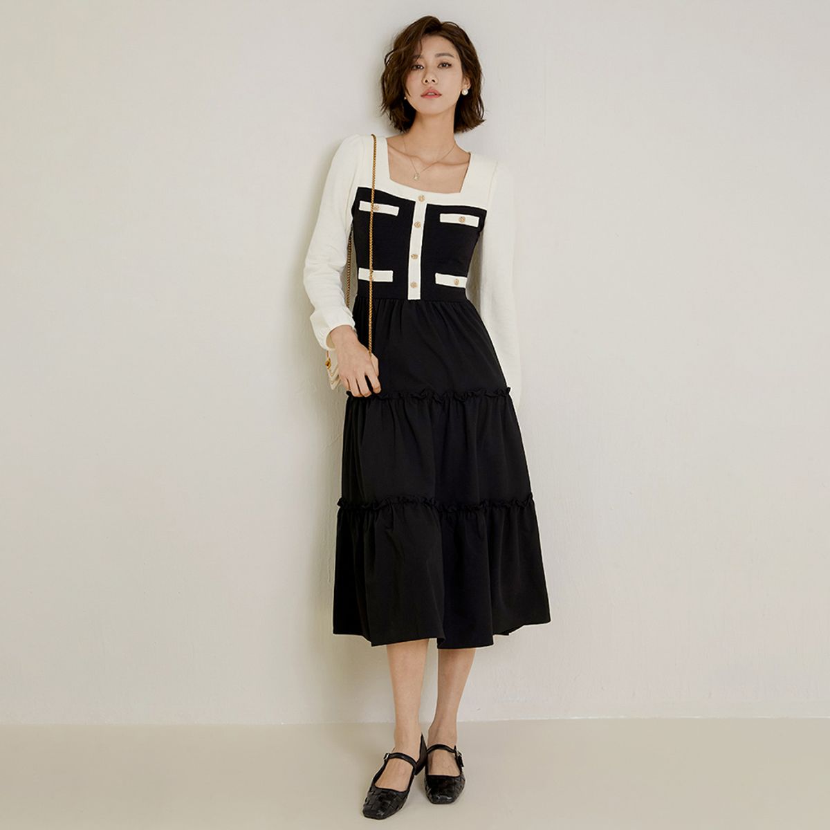 랭썬(LANGSON) LS_Color matching layer cake dress