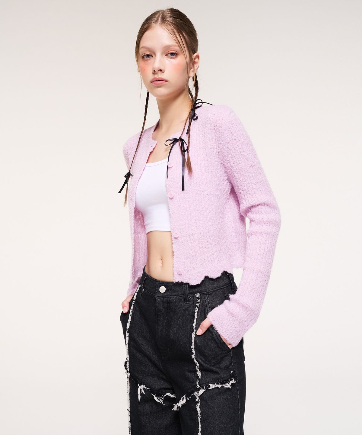 에트몽(ETMON) Curling Knit Cardigan, Pink