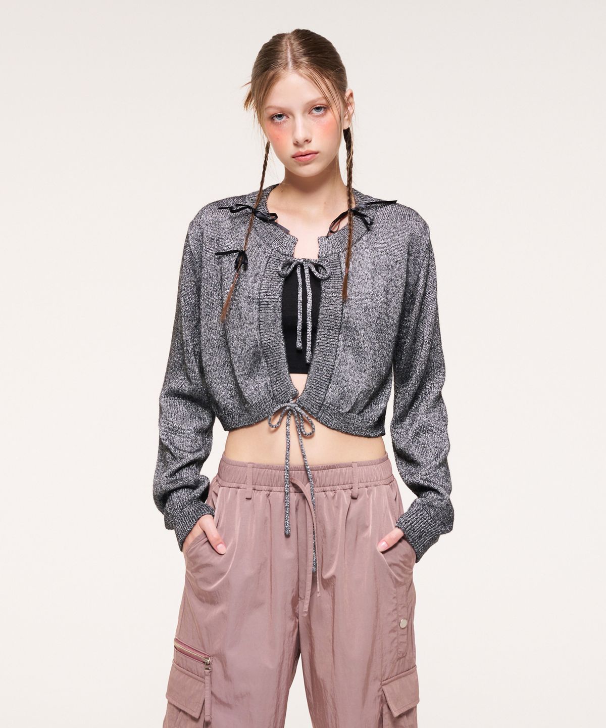 에트몽(ETMON) String Detail Knit Cardigan, Black