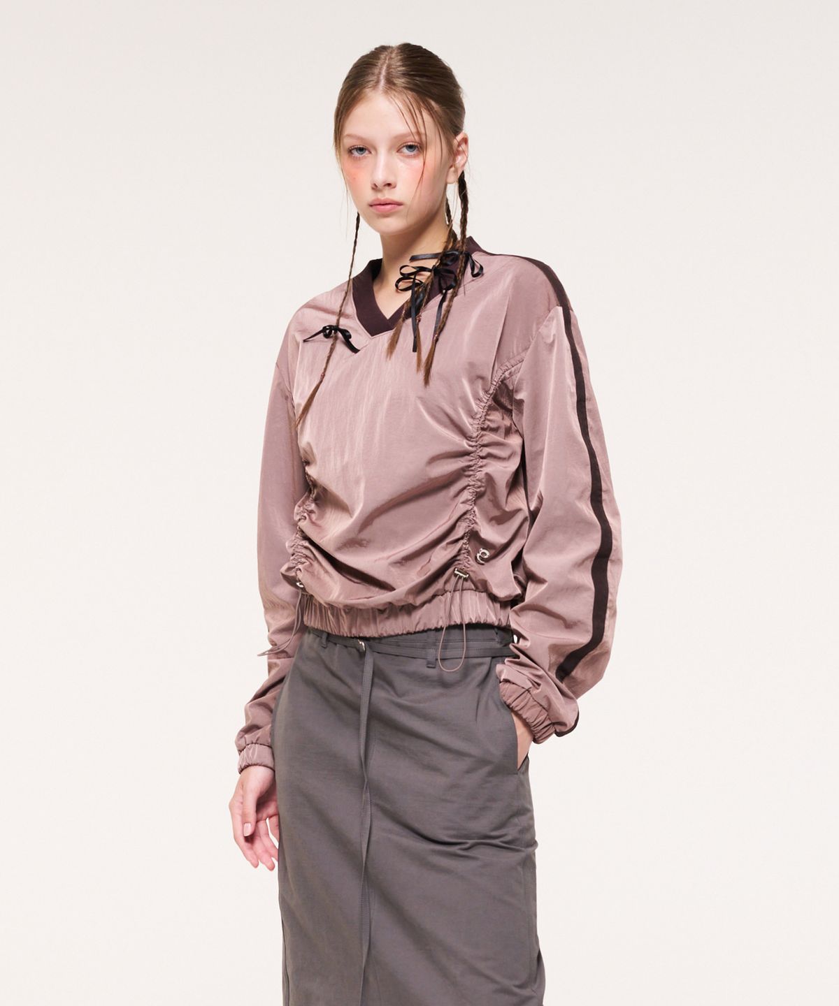 에트몽(ETMON) Nylon Shirring V-Neck Top, Brown Pink