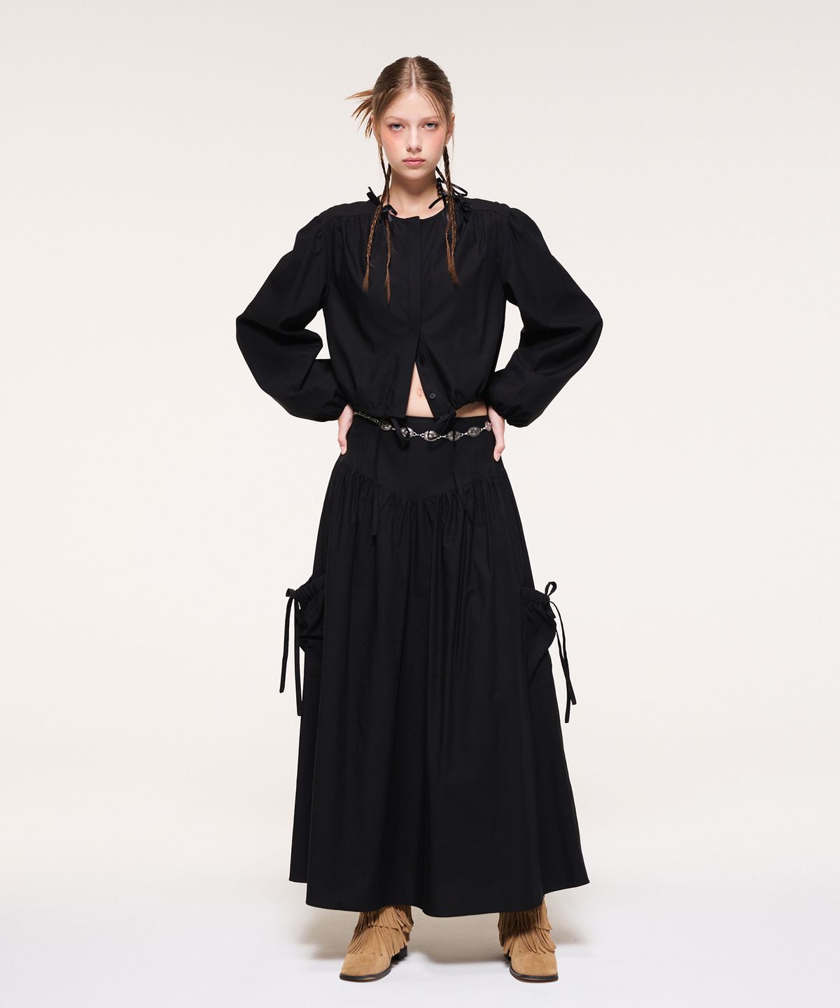 에트몽(ETMON) Shirring Pocket Long Skirt, Black