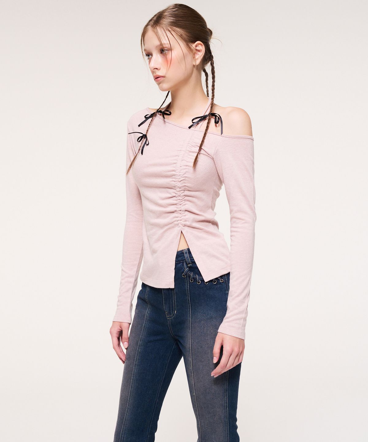 에트몽(ETMON) String One Off Shoulder T-Shirt, Pink