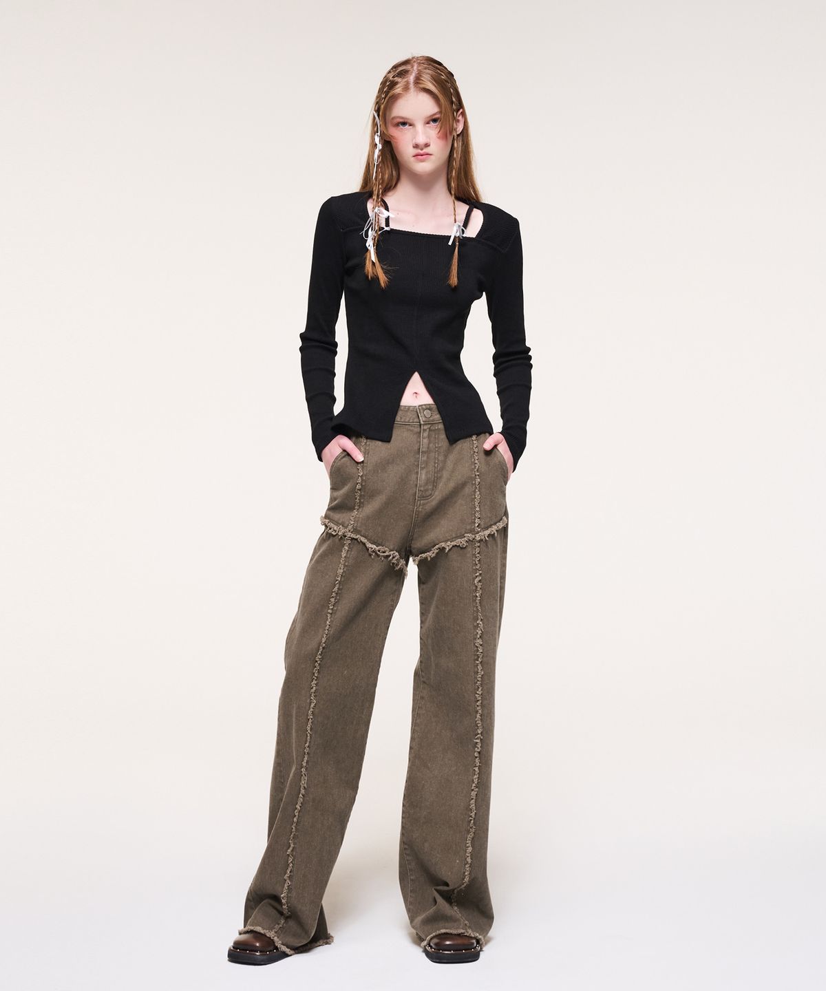 에트몽(ETMON) Damage Denim Pants, Khaki Brown