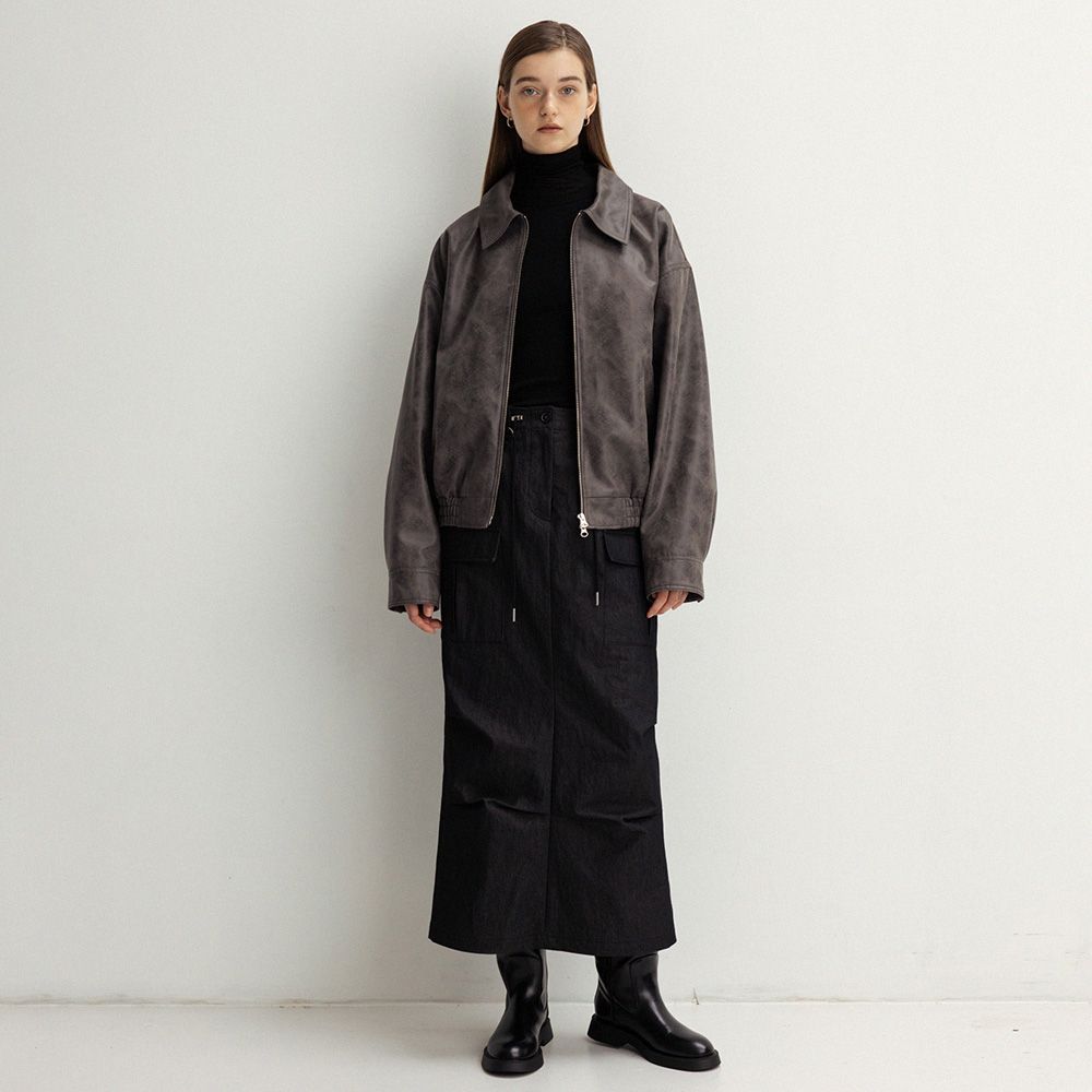 ★LE★ crack faux leather blouson jacket (charcoal) MUSINSA | LE crack faux leather blouson jacket (charcoal)