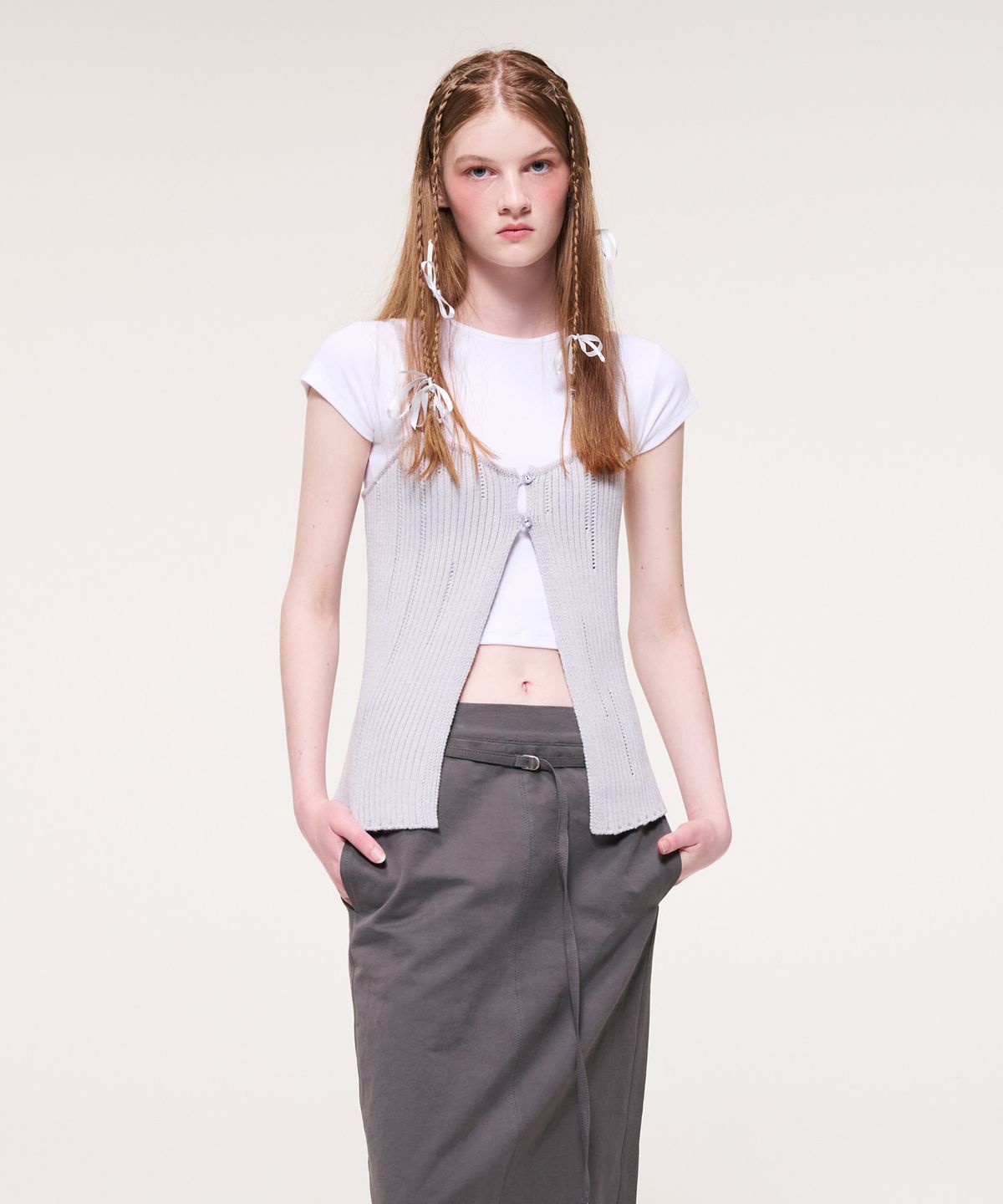 에트몽(ETMON) Slit Layered Knit Bustier, Light Lavender