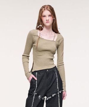 Square Neck Slit T-Shirt, Khaki