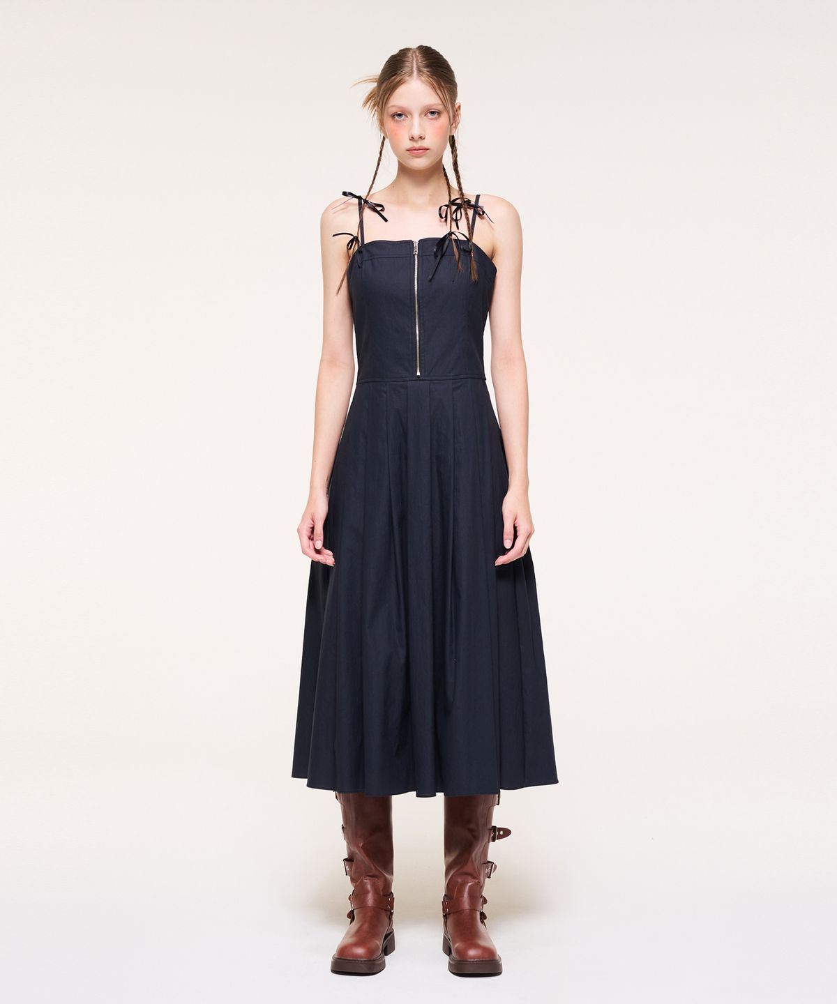 에트몽(ETMON) Front Zipper Pleats Slip Dress, Navy