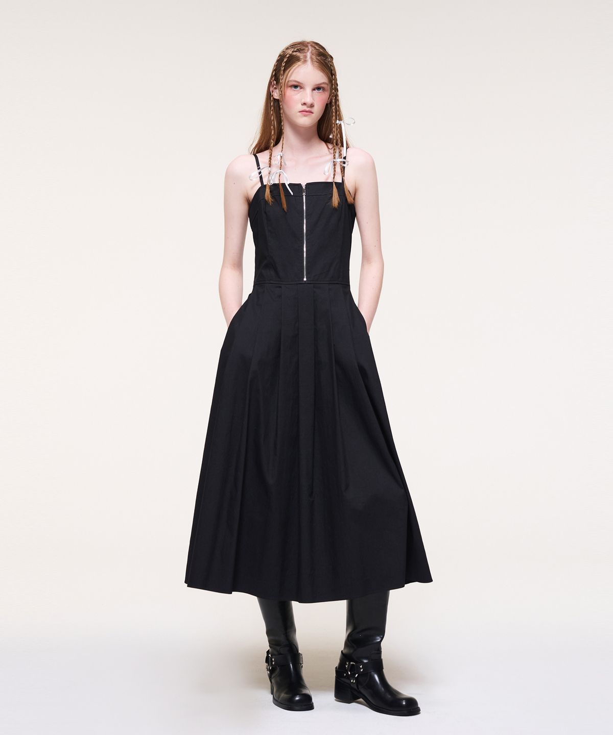 에트몽(ETMON) Front Zipper Pleats Slip Dress, Black