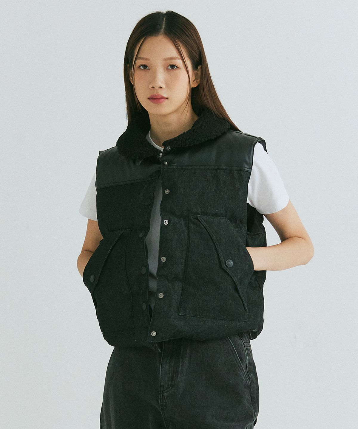 필드워커(FIELDWORKER) PADDED DENIM VEST [BLACK]