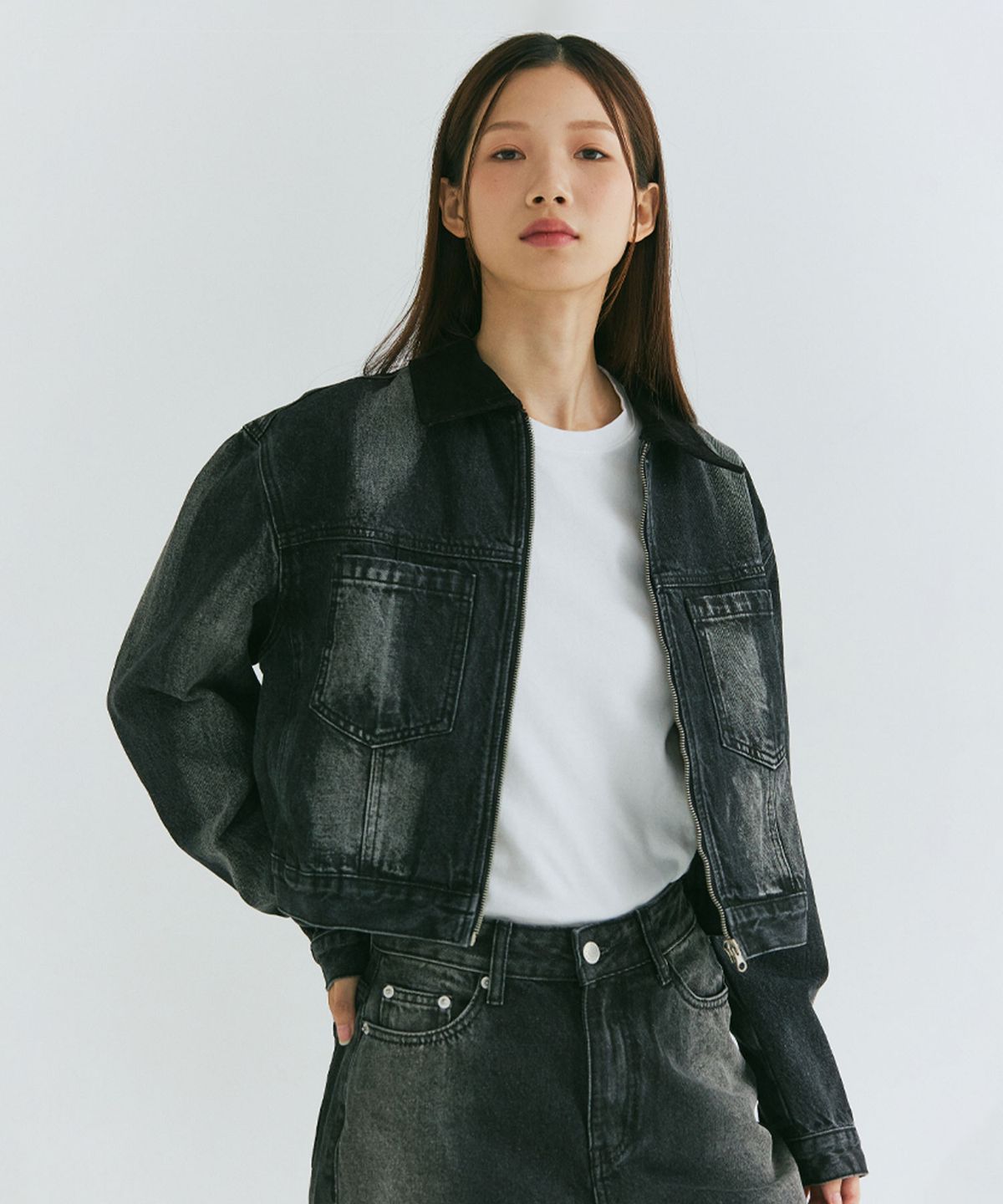 필드워커(FIELDWORKER) CORDUROY COLLAR ZIPPER DENIM JACKET [BLACK]