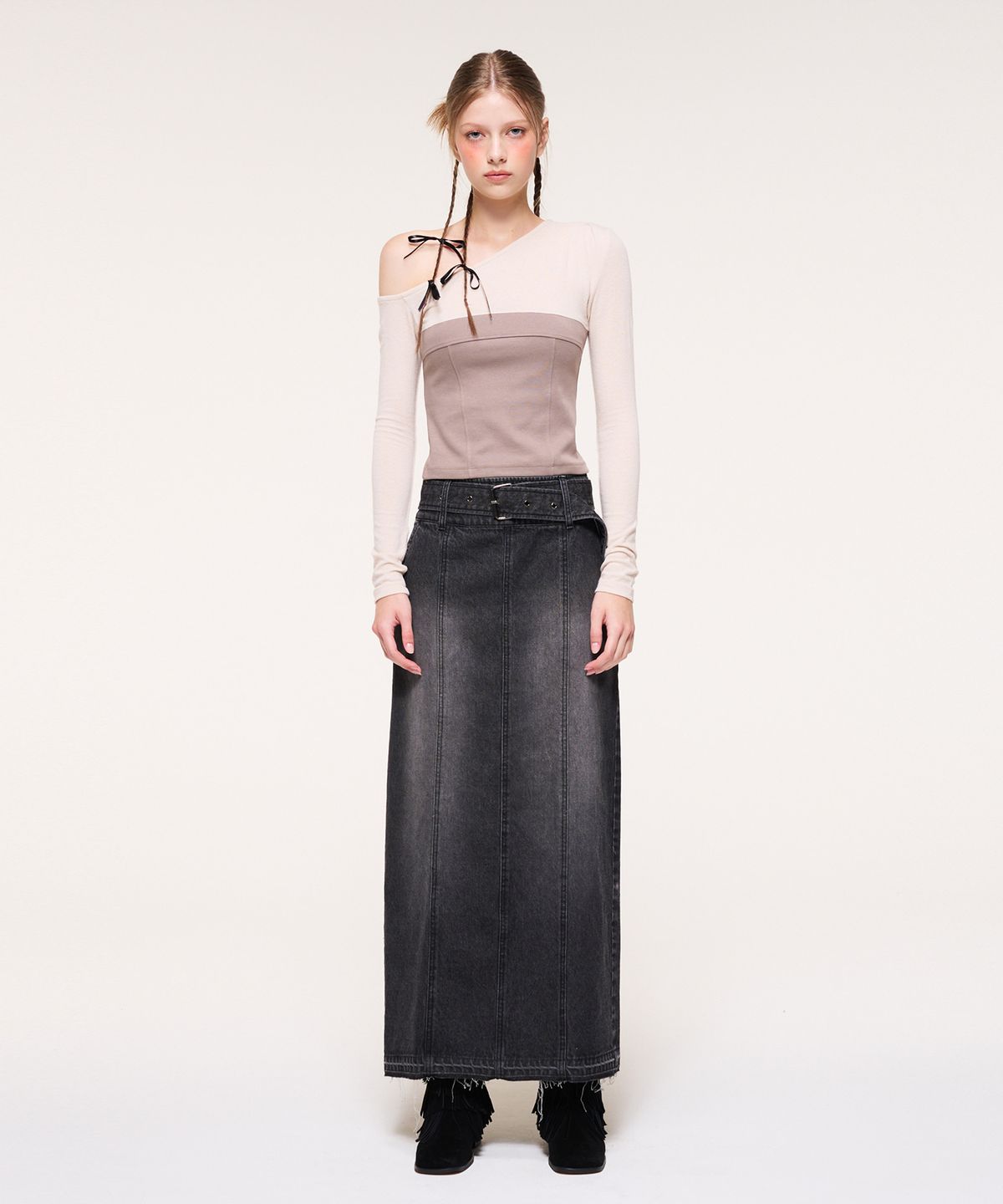 에트몽(ETMON) Wide Belt Long Denim Skirt, Black
